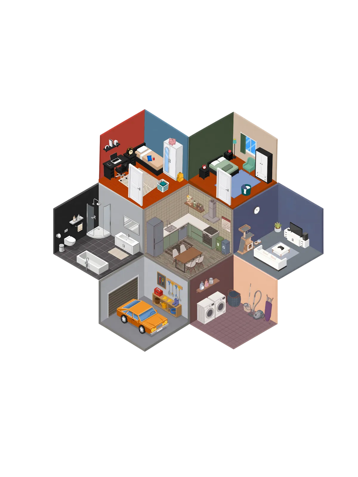 Cross-section of a shared apartment showing each room Rumy helps organize
