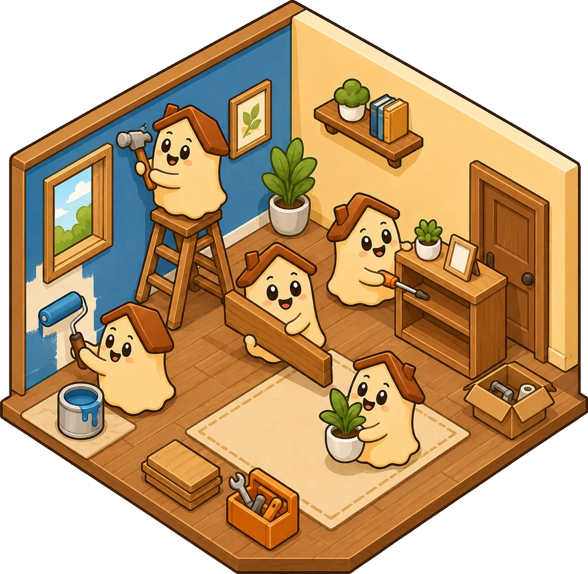 Rumy characters repairing a shared house together